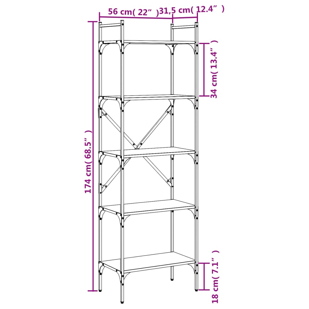 Regal za knjige 5 razina boja hrasta 56 x 31,5 x 174 cm drveni