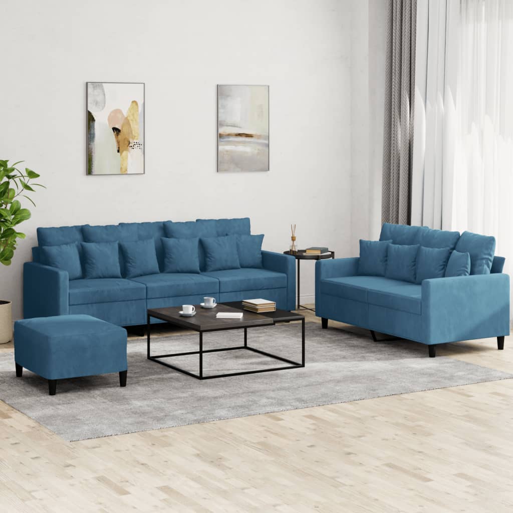 3-dijelni set sofa s jastucima plavi baršunasti Plava