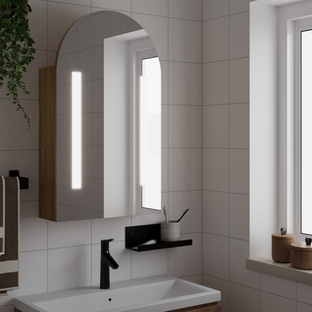 Kupaonski ormarić s ogledalom LED lučni boja hrasta 42x13x70 cm