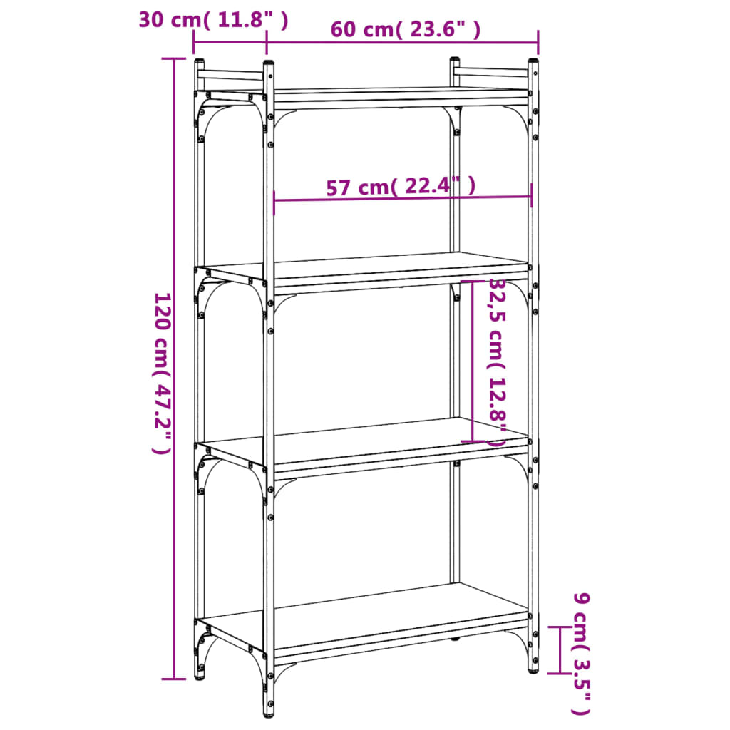Regal za knjige s 4 razine boja hrasta 60 x 30 x 120 cm drveni