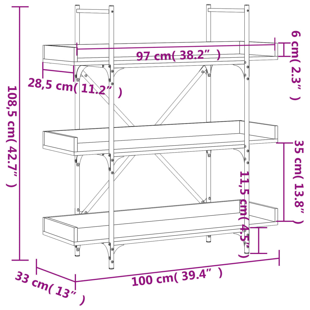 Regal za knjige 3 razine boja hrasta 100 x 33 x 108,5 cm drveni