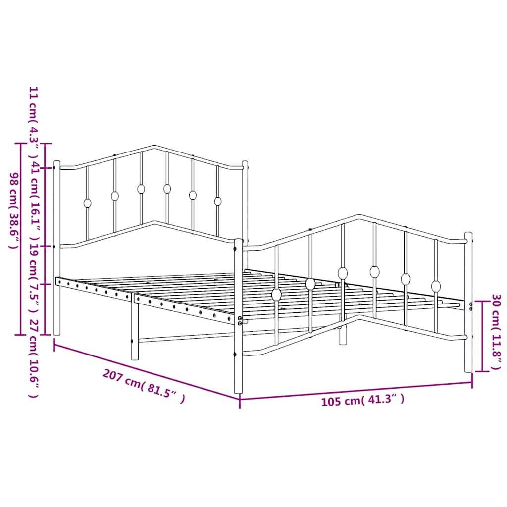 Metalni okvir kreveta s uzglavljem i podnožjem bijeli 100x200cm