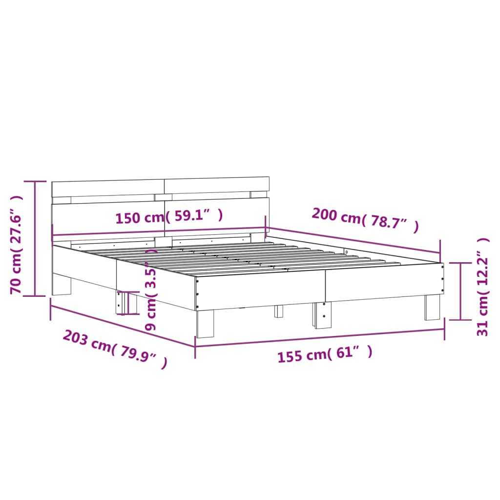 Okvir kreveta s uzglavljem LED siva boja hrasta 150x200 cm