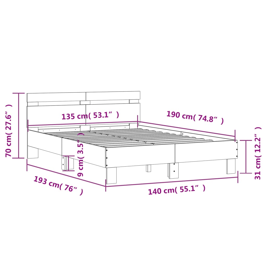 Okvir za krevet s uzglavljem i LED bijeli 135x190 cm