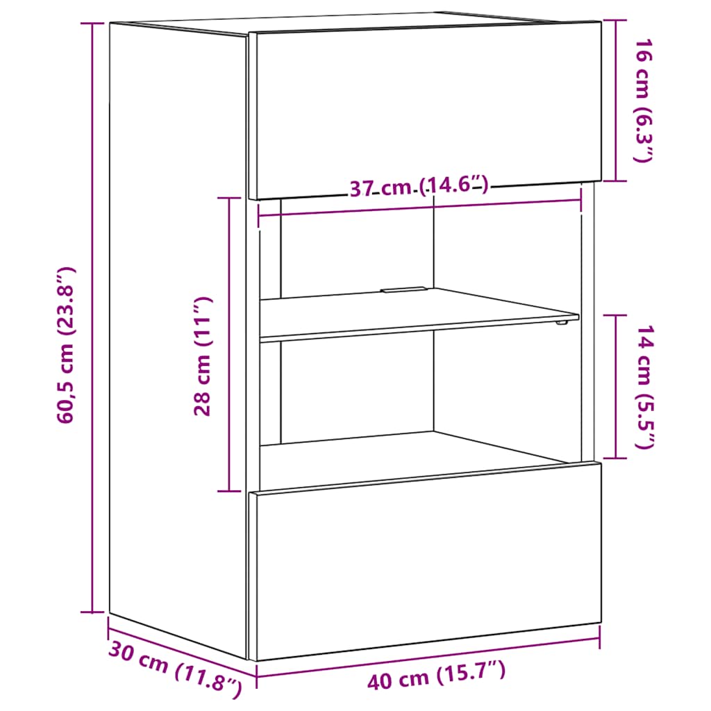 Zidni ormarići s LED svjetlima za TV 2 kom siva boja hrasta 40 x 30 x 60,5 cm