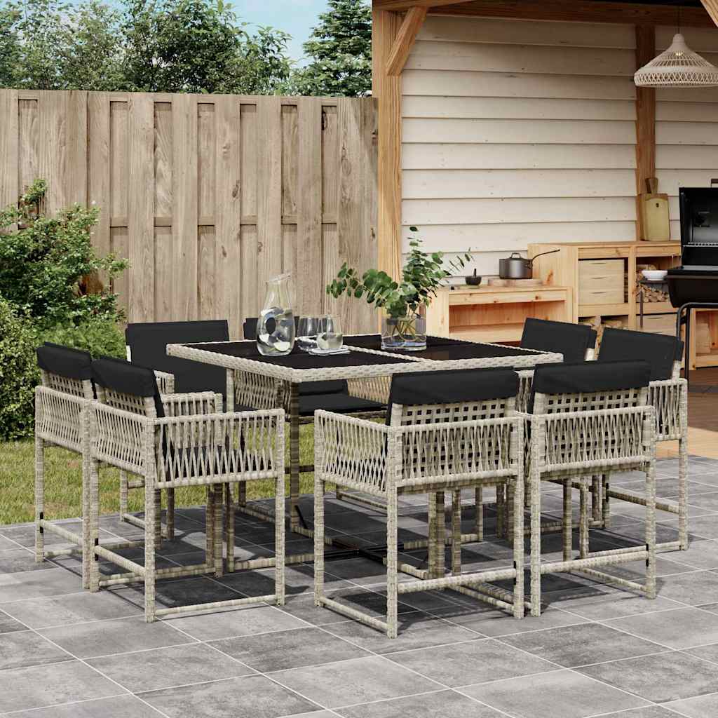 9-dijelni vrtni blagovaonski set od poliratana s jastucima sivi
