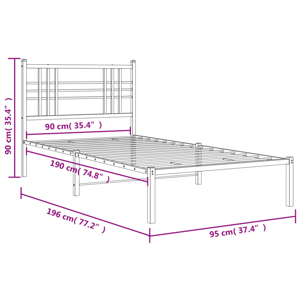 Metalni okvir za krevet s uzglavljem crni 90x190 cm