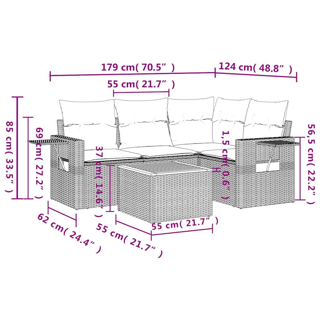 Vrtni set od 5 dijelova s jastucima, crni poliratan