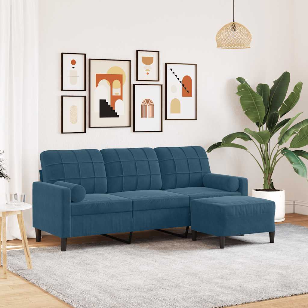Trosjed s tabureom plavi 180 cm baršunasti
