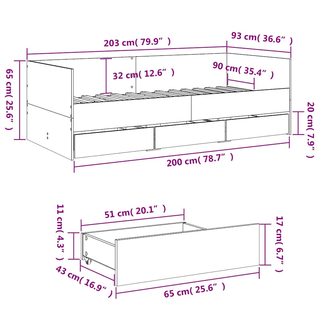 Dnevni krevet s ladicama bez madraca boja hrasta 90x200 cm