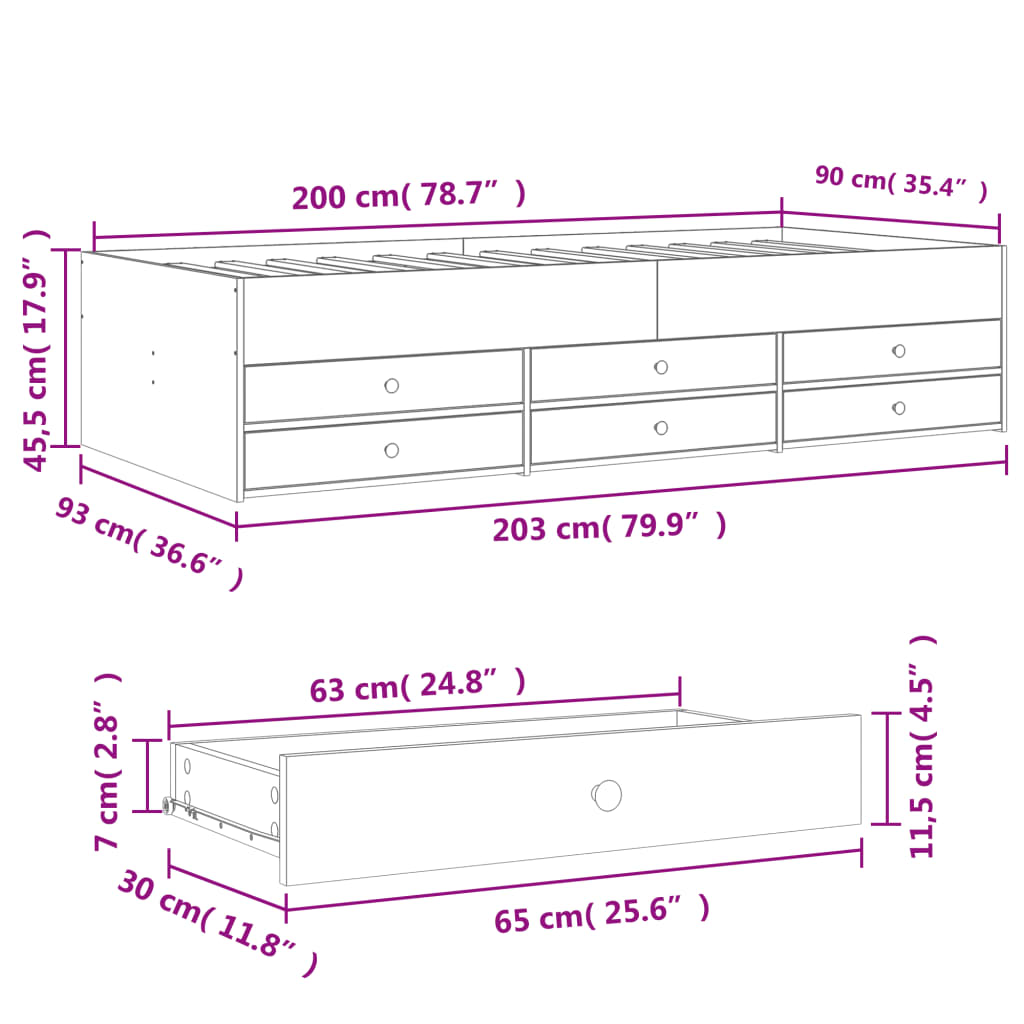 Dnevni krevet s ladicama bez madraca boja hrasta 90x200 cm