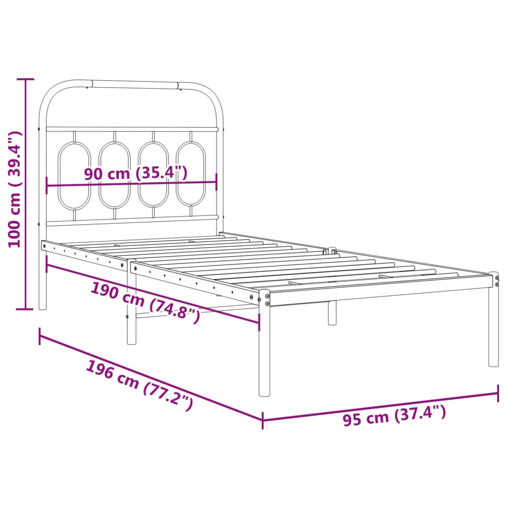 Metalni okvir za krevet s uzglavljem crni 90x190 cm