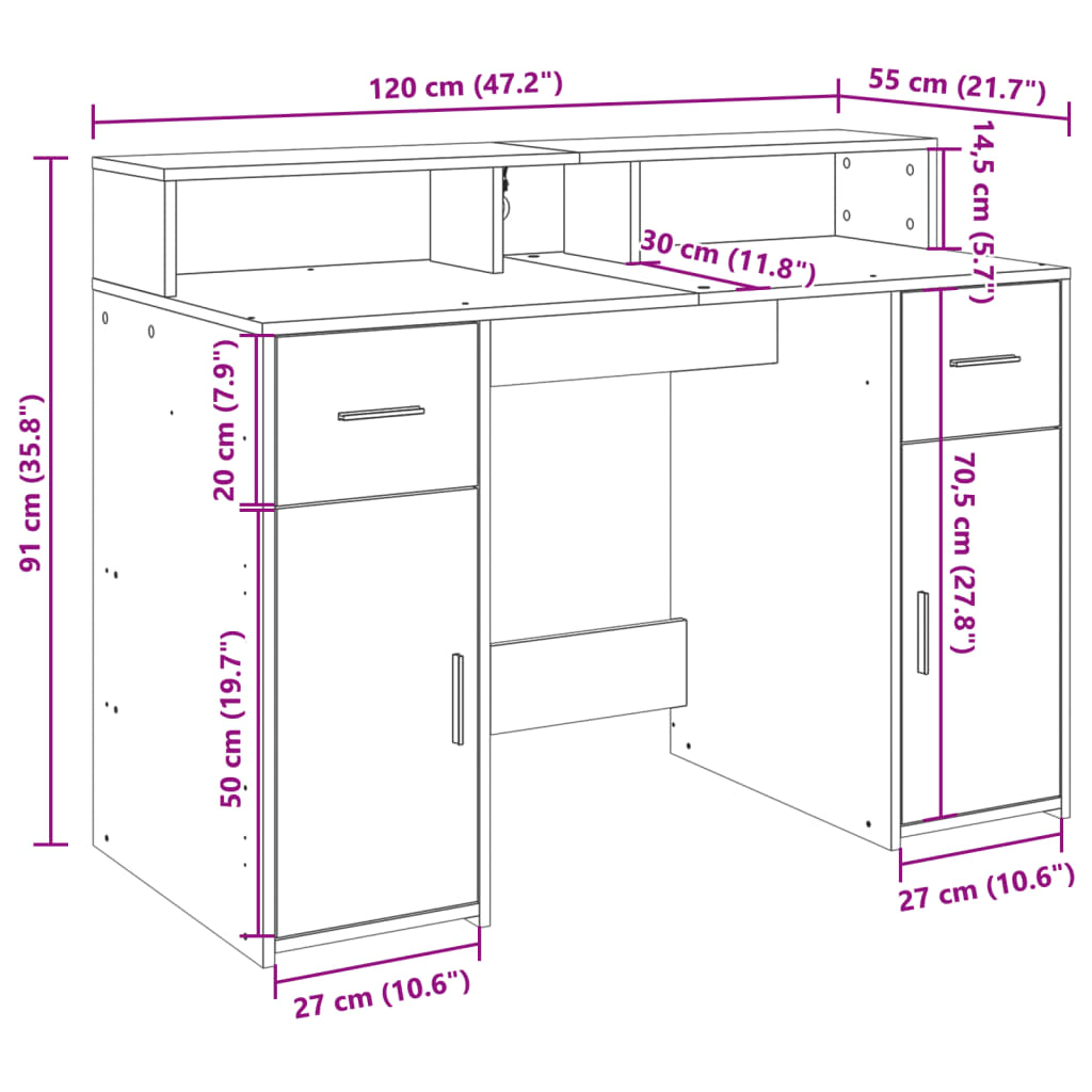 Radni stol s LED svjetlima boja hrasta 120x55x91 cm drveni