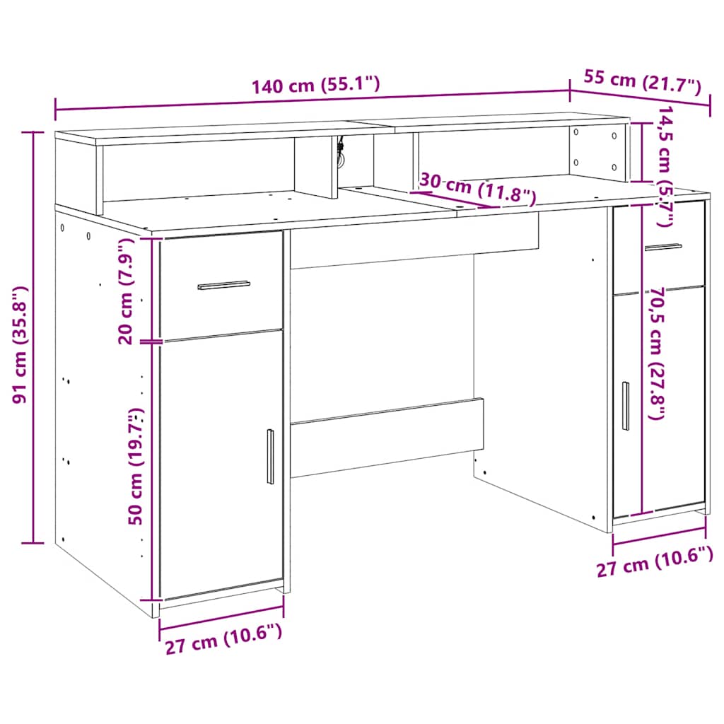 Radni stol s LED svjetlima boja hrasta 140x55x91 cm drveni
