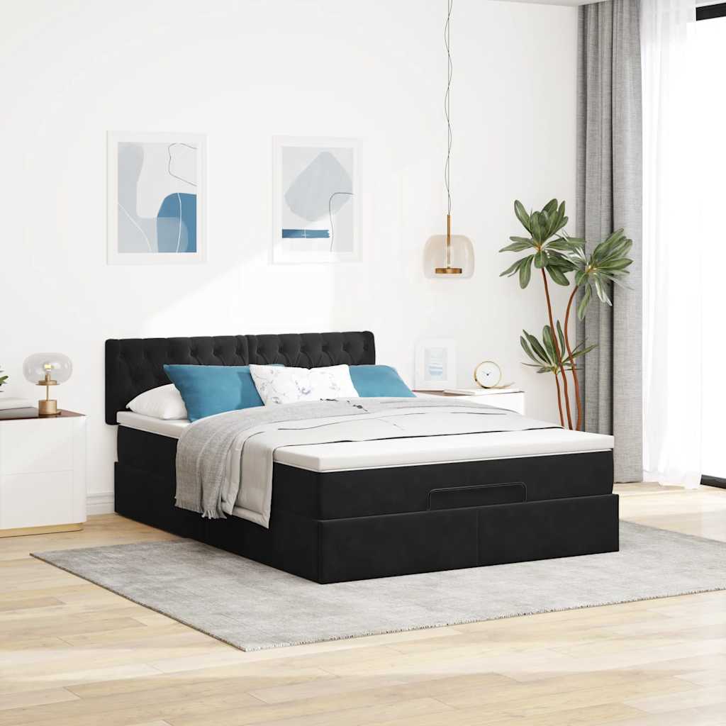 Ottoman krevet s madracem i LED diodama crni 140x200 cm baršun