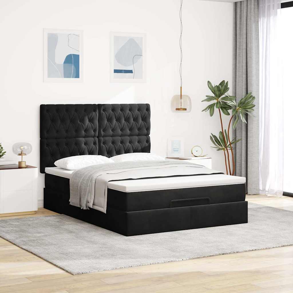 Ottoman krevet s madracima i LED diodama crni 140x200 cm baršun