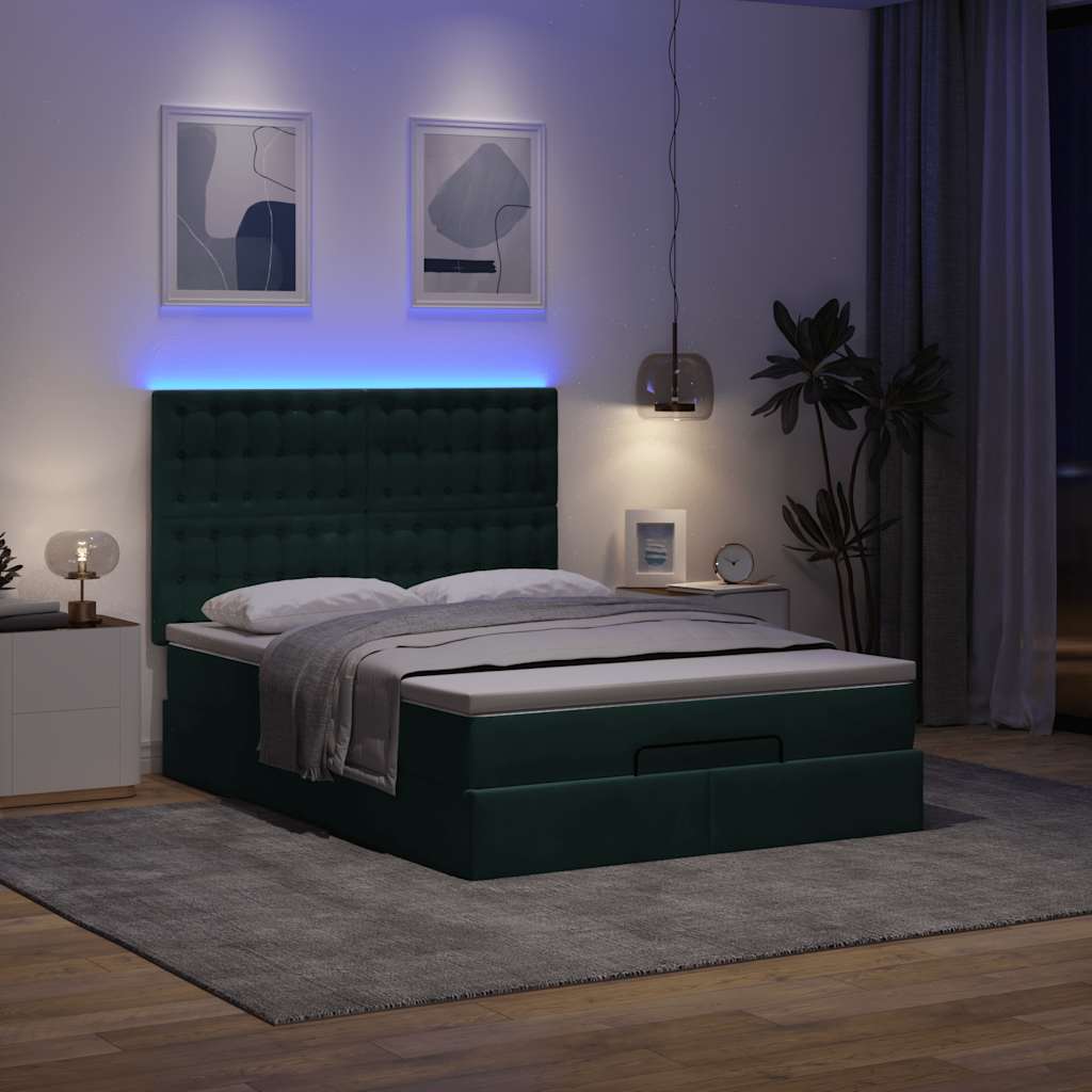Ottoman krevet s madracima i LED diodama tamnozeleni 140x190 cm baršun