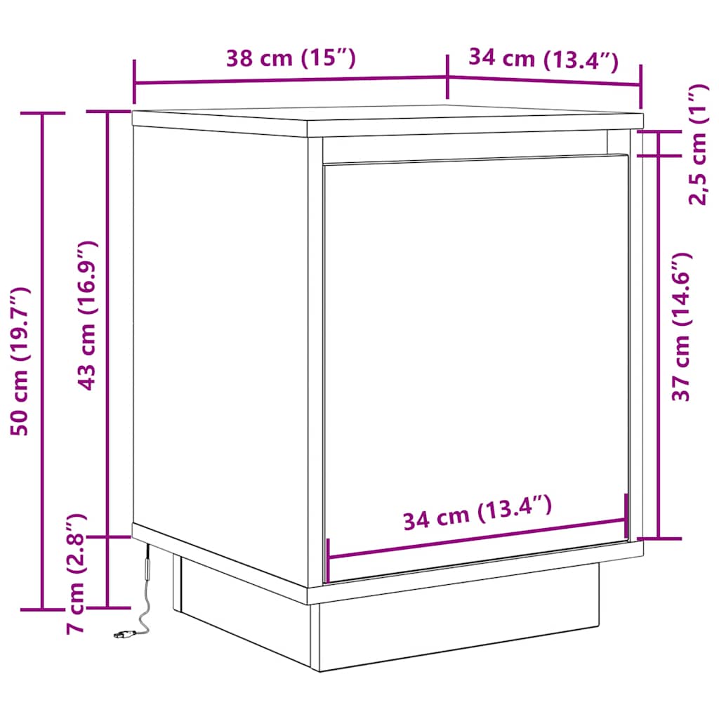 Noćni ormarić s LED svjetlima siva boja hrasta 38x34x50 cm