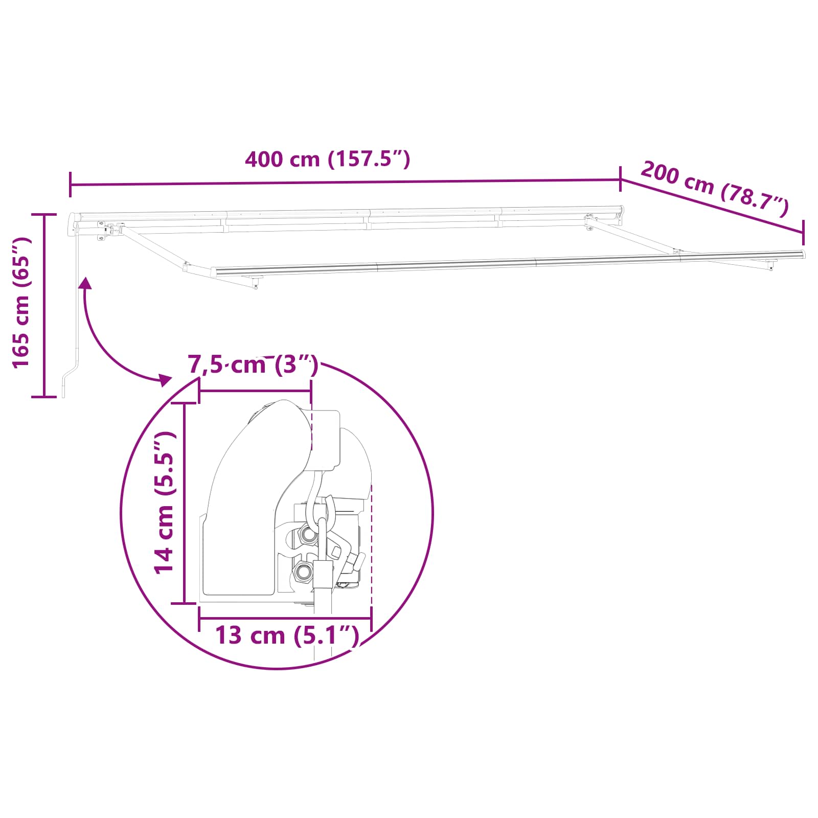 Skrovita tenda Svijetlo siva 400 x 200 cm tkanina