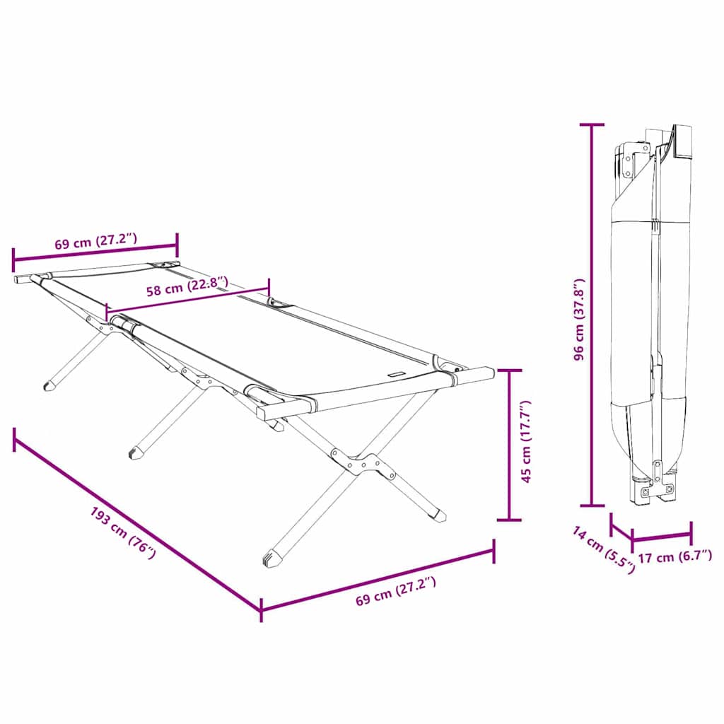 Sklopivi kamperski krevet 2 pcs Siva 193 x 69 x 45 cm