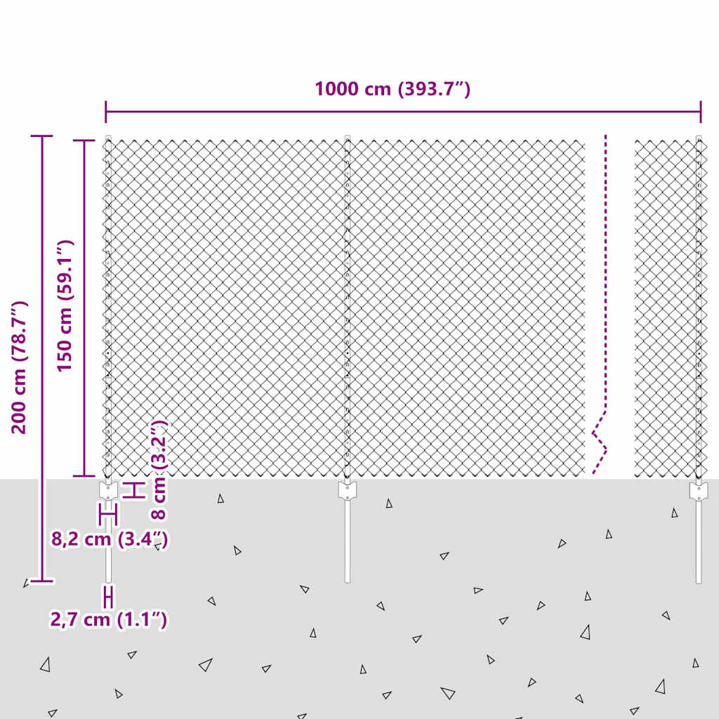 Ograda od lančanih veza s postom 10 x 1,5 m Srebrna Mreža