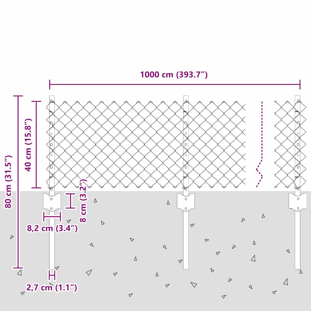 Ograda od lančanih veza s postom 25 x 0,4 m Srebrna Mreža