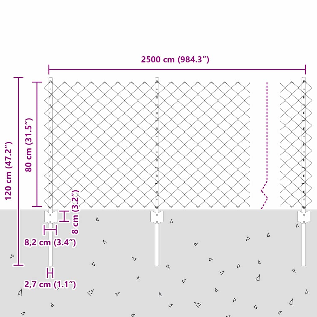 Ograda od lančanih veza s postom 25 x 0,8 m Srebrna Mreža