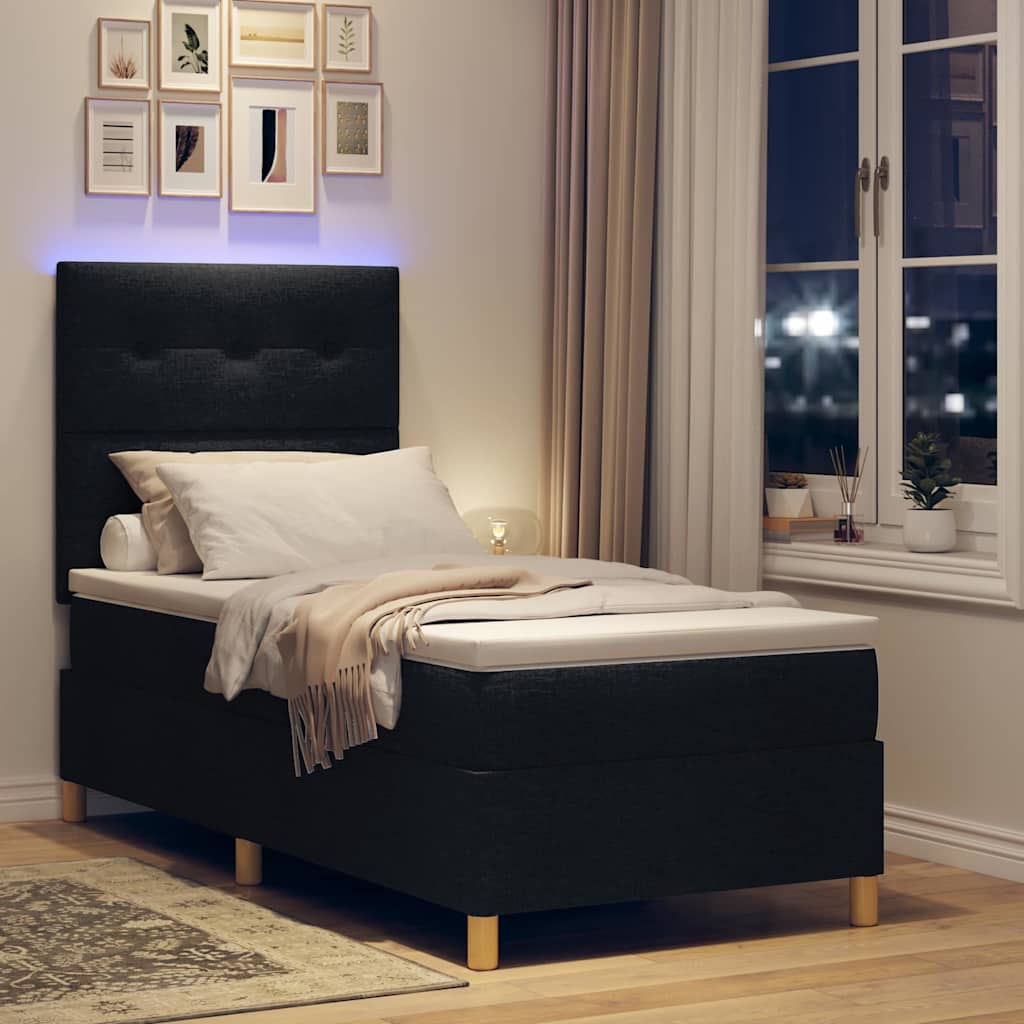 LED Box Spring Krevet s uzglavljem Crna 90 x 190 cm tkanina