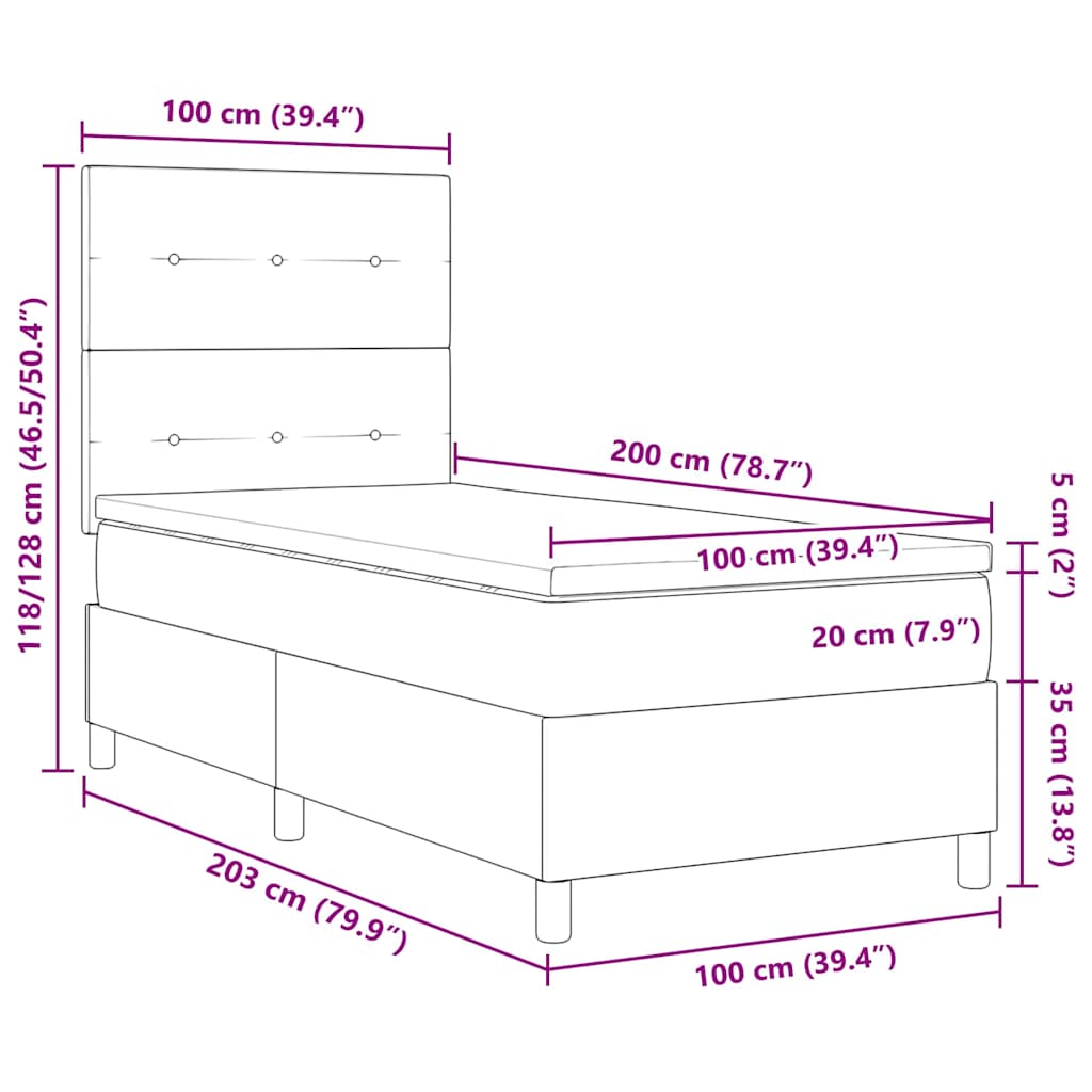 LED Box Spring Krevet Tamno siva 100 x 200 cm Baršun