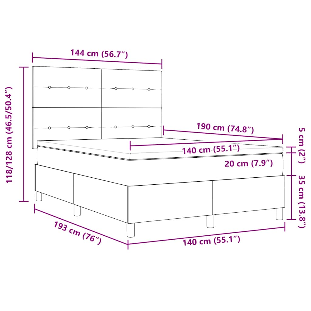 LED Box Spring Krevet Ružičasta 140 x 190 cm Baršun