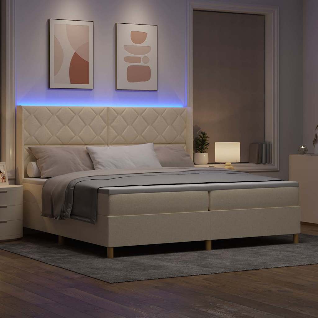 Krevet s opruga kutije s LED trakama Krema 200 x 200 cm tkanina