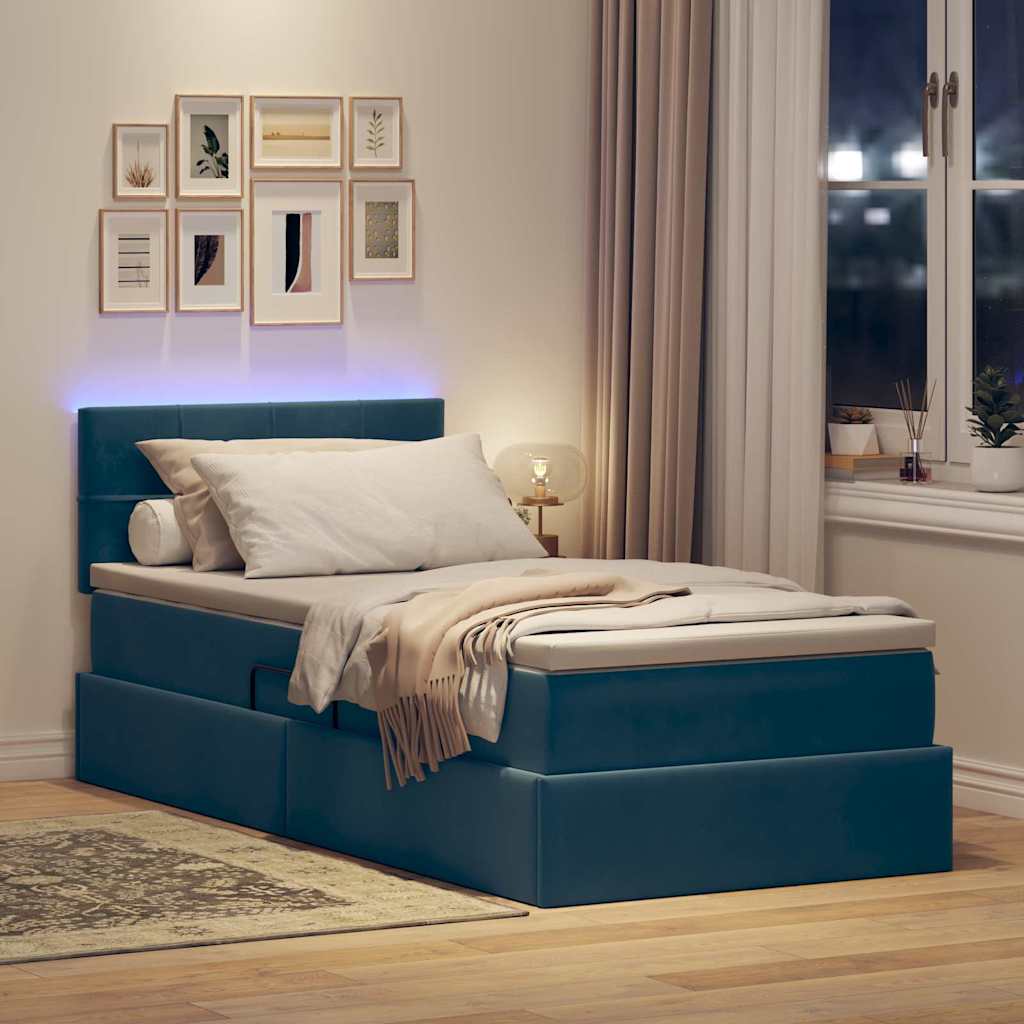 LED krevet za pohranu s madracem Tamno plava 90 x 190 cm Baršun