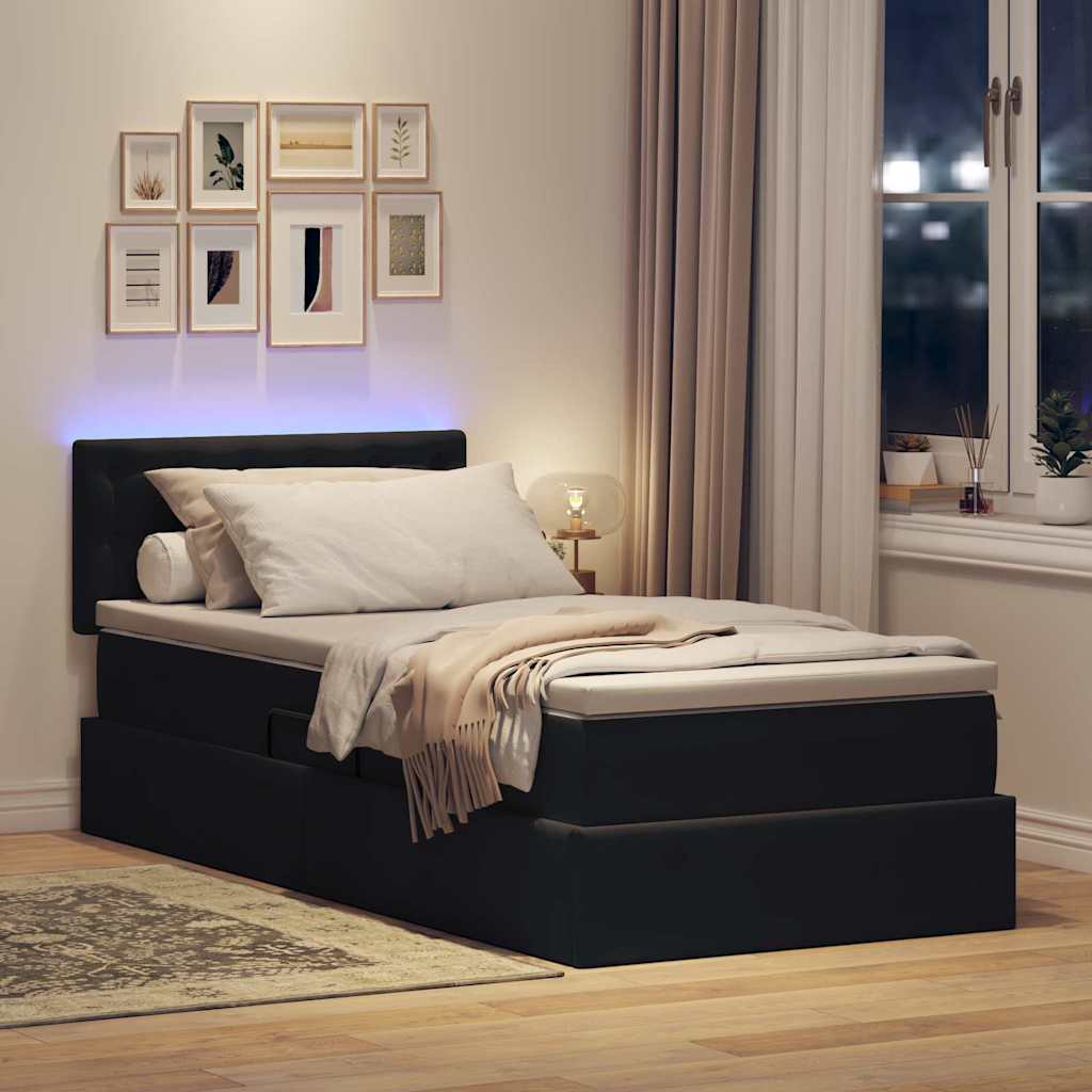 LED krevet za pohranu s madracem Crna 90 x 190 cm Baršun
