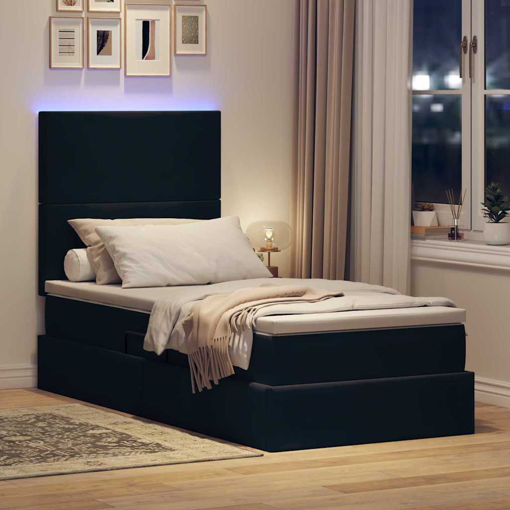 LED krevet za pohranu s madracem Crna 90 x 200 cm Baršun