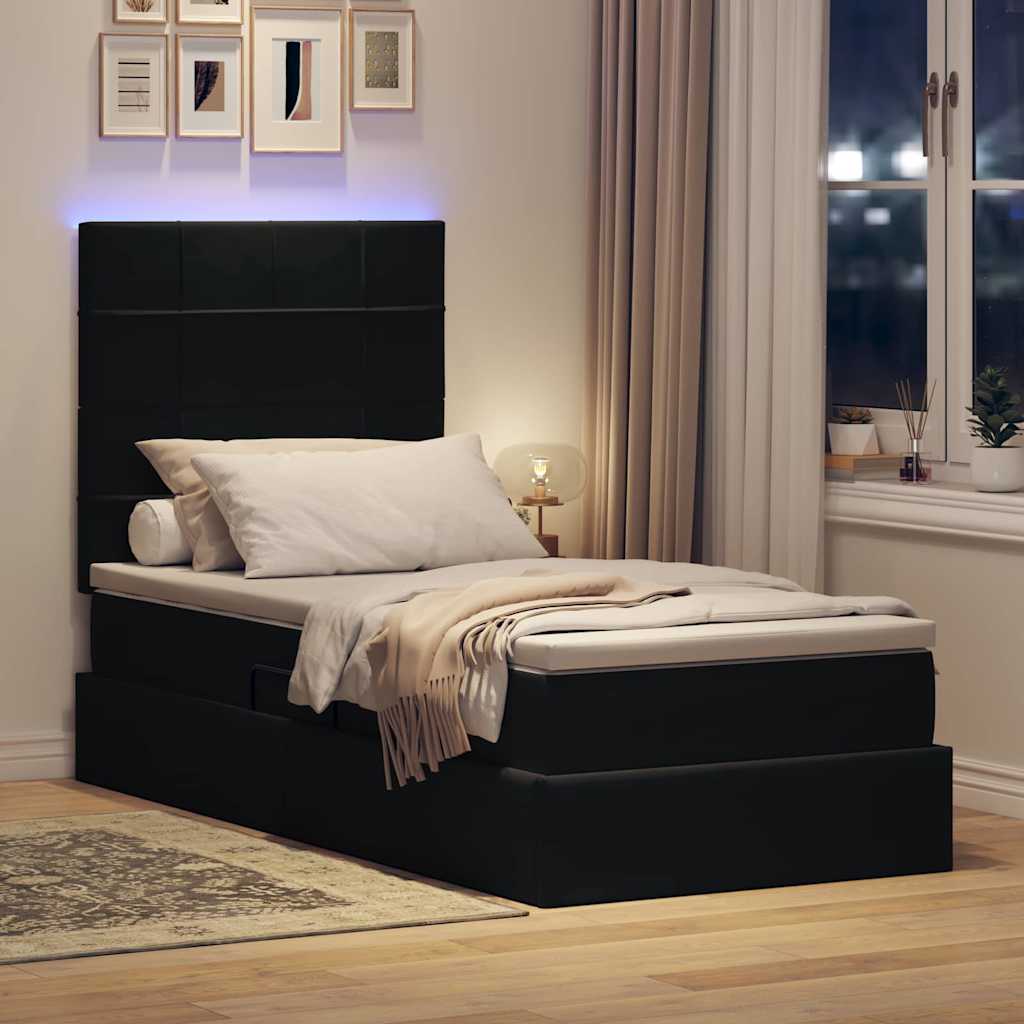 LED krevet za pohranu s madracem Crna 90 x 190 cm Baršun