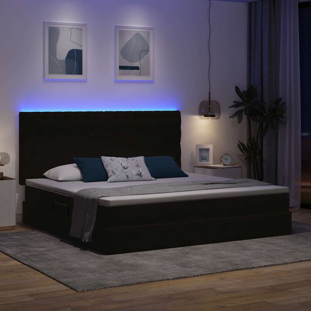 LED krevet za pohranu s madracem Crna 200 x 200 cm Baršun