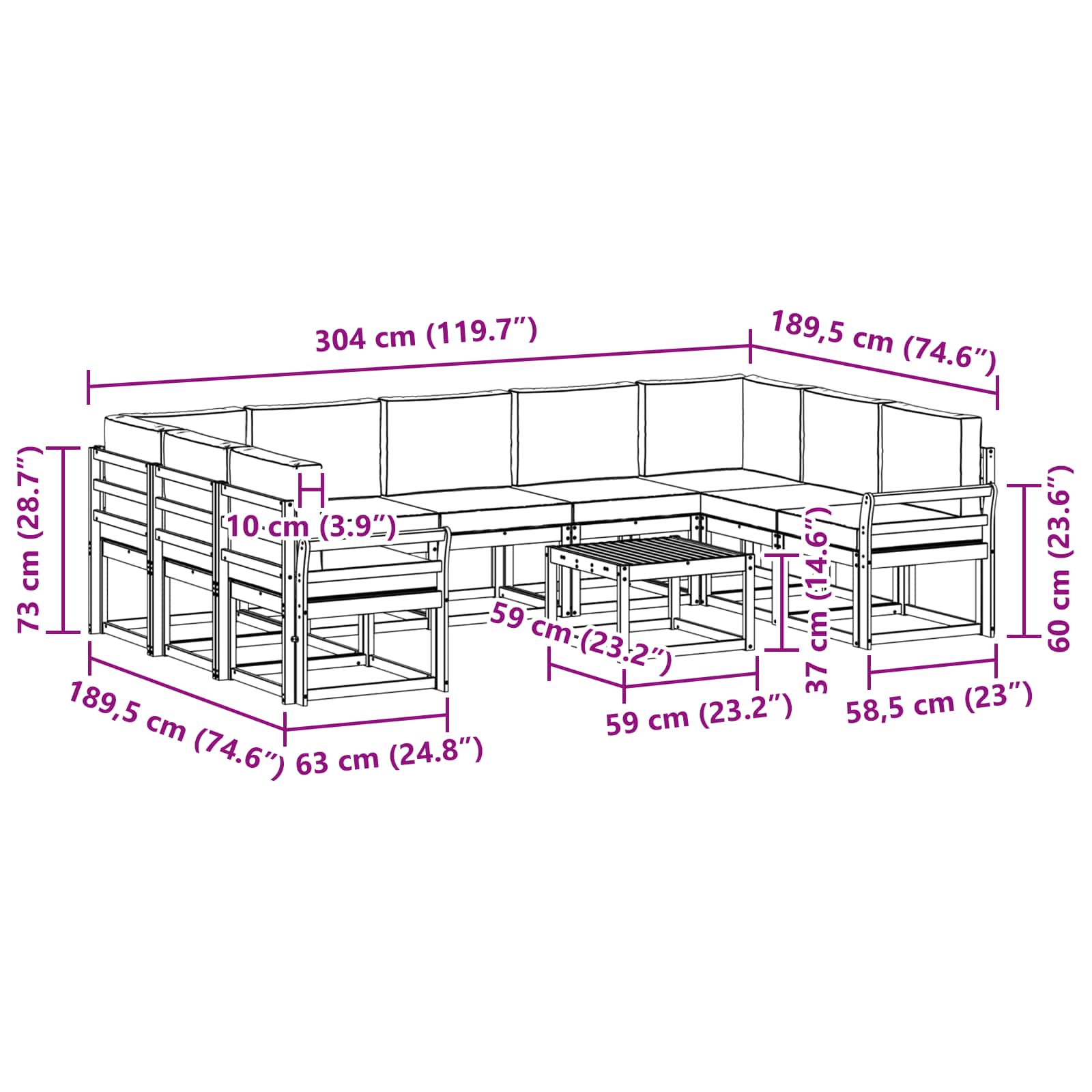 Set vanjskih sofa 10 pcs Bijela i bež 59 x 59 x 37 cm Poliester