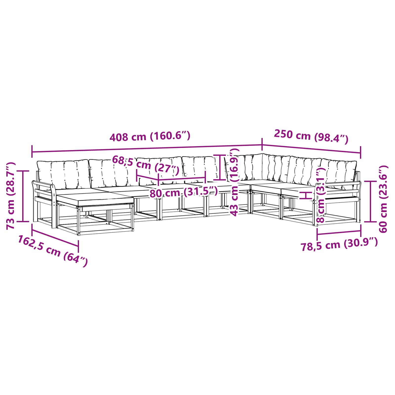 Set vanjskih sofa 8 pcs Bijela i svjetlosiva 408 x 250 x 73 cm