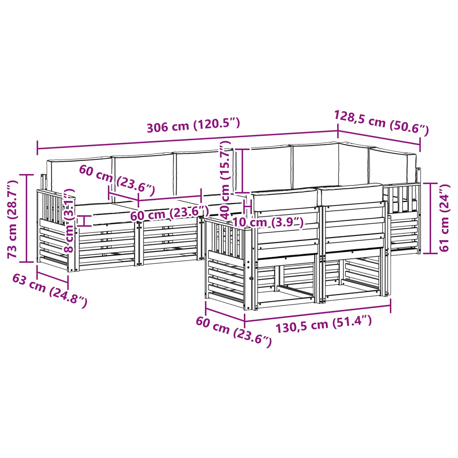 Set vanjskih sofa 8 pcs Bijela i bež 306 x 128,5 x 73 cm