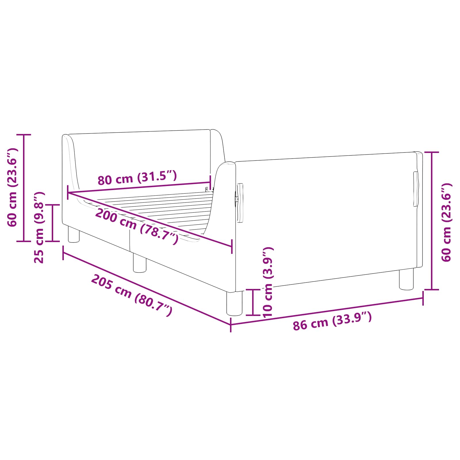 Krevet za djecu s uzglavljem Ljubičasta 80 x 200 cm Baršun