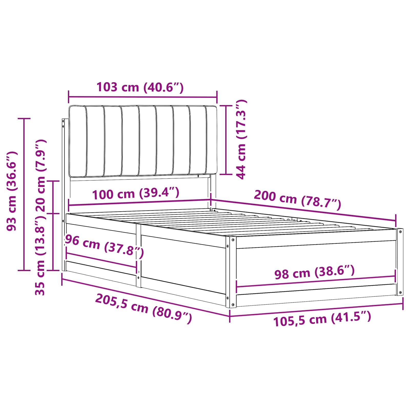 Krevetni okvir s tapiciranim uzglavljem Crna 100 x 200 cm