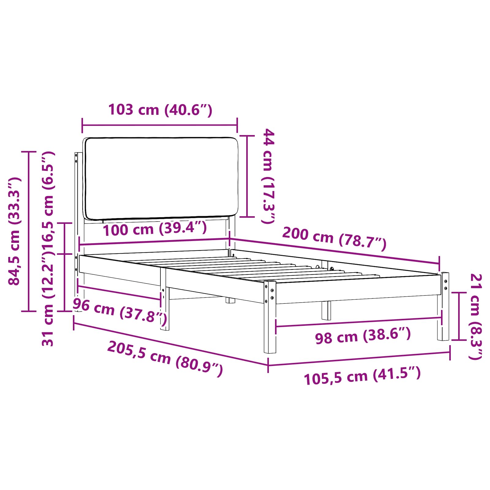 Krevetni okvir s tapiciranim uzglavljem Crna 100 x 200 cm