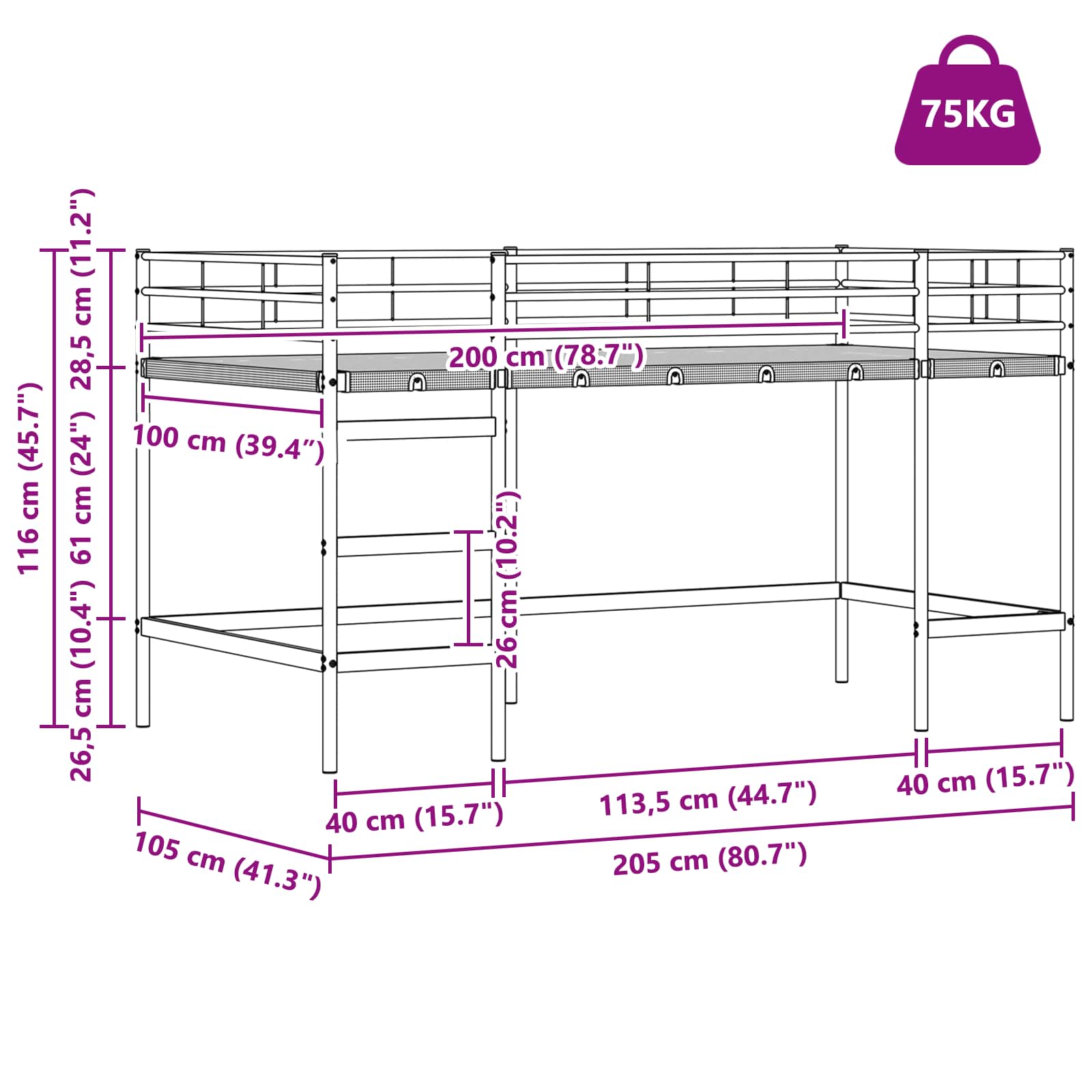 Okvir Krevet za Dječji Loft Bijela i crna 100 x 200 cm Metal