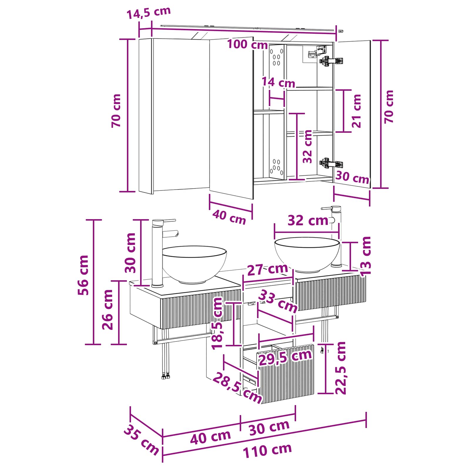 Set ormarića za kupaonicu 4 pcs Bijela 100 x 14,5 x 70 cm