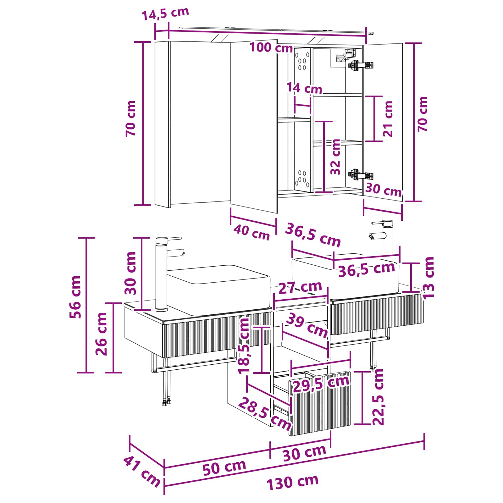 Set ormarića za kupaonicu 4 pcs Bijela 100 x 14,5 x 70 cm