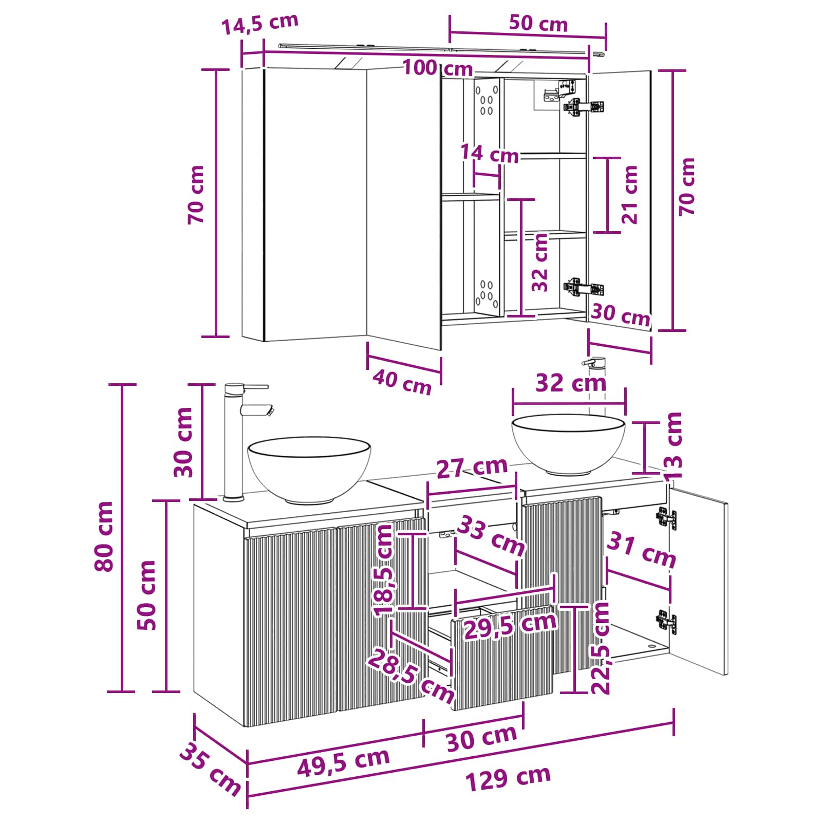Set ormarića za kupaonicu 4 pcs Bijela 100 x 14,5 x 70 cm