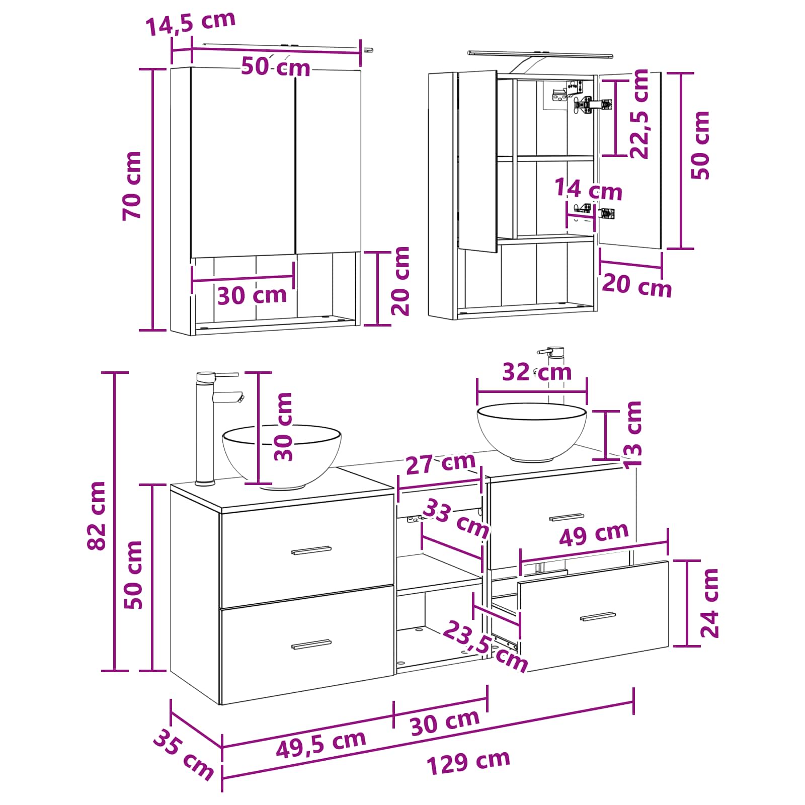 Set ormarića za kupaonicu 5 pcs Betonska siva 50 x 14,5 x 70 cm