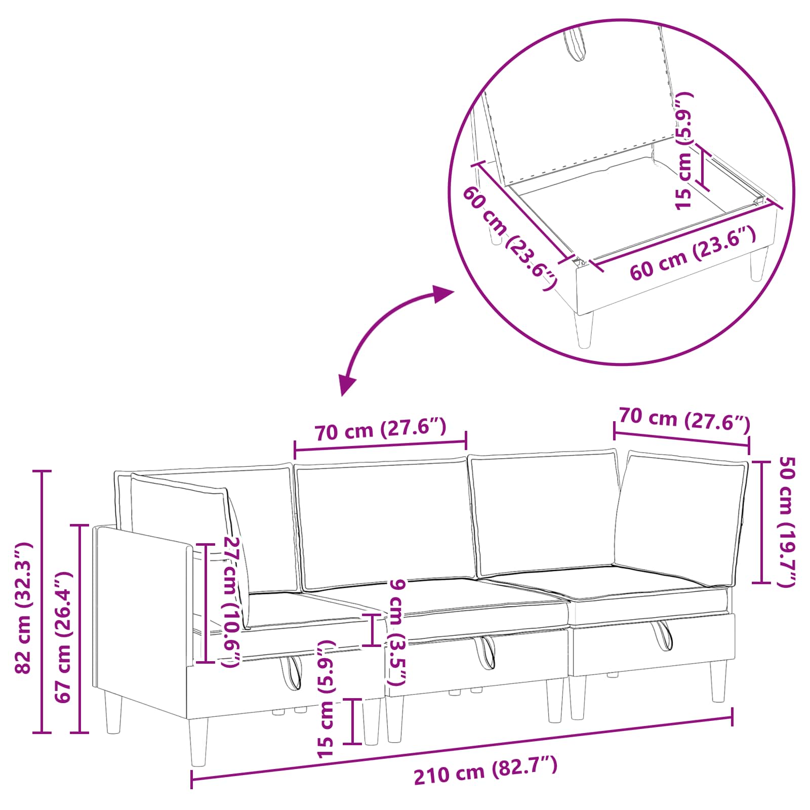 Modularni set sofe sa skladištem 3 pcs Svjetlosiva Tkanina