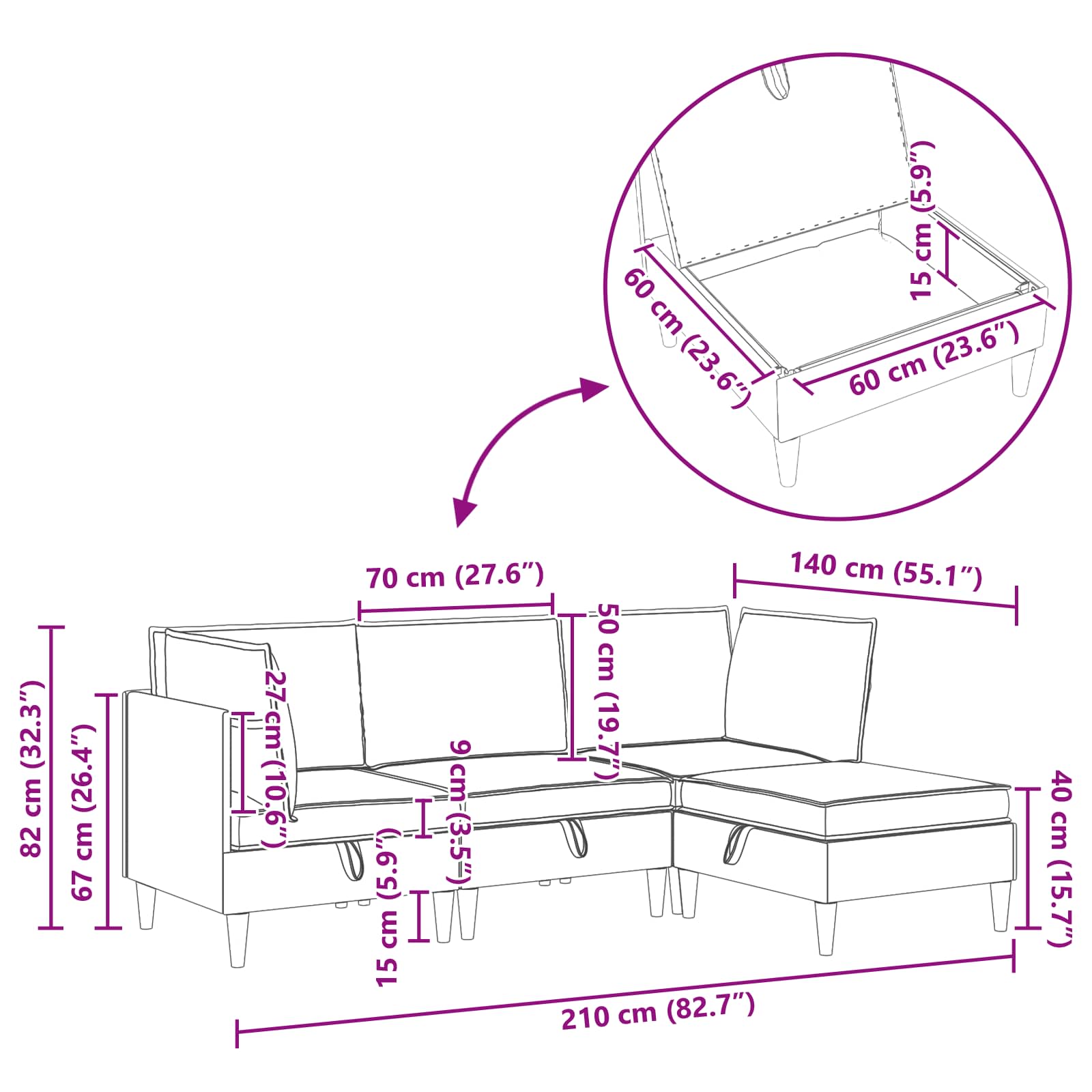Modularni set sofe sa skladištem 4 pcs Tamnosiva Tkanina