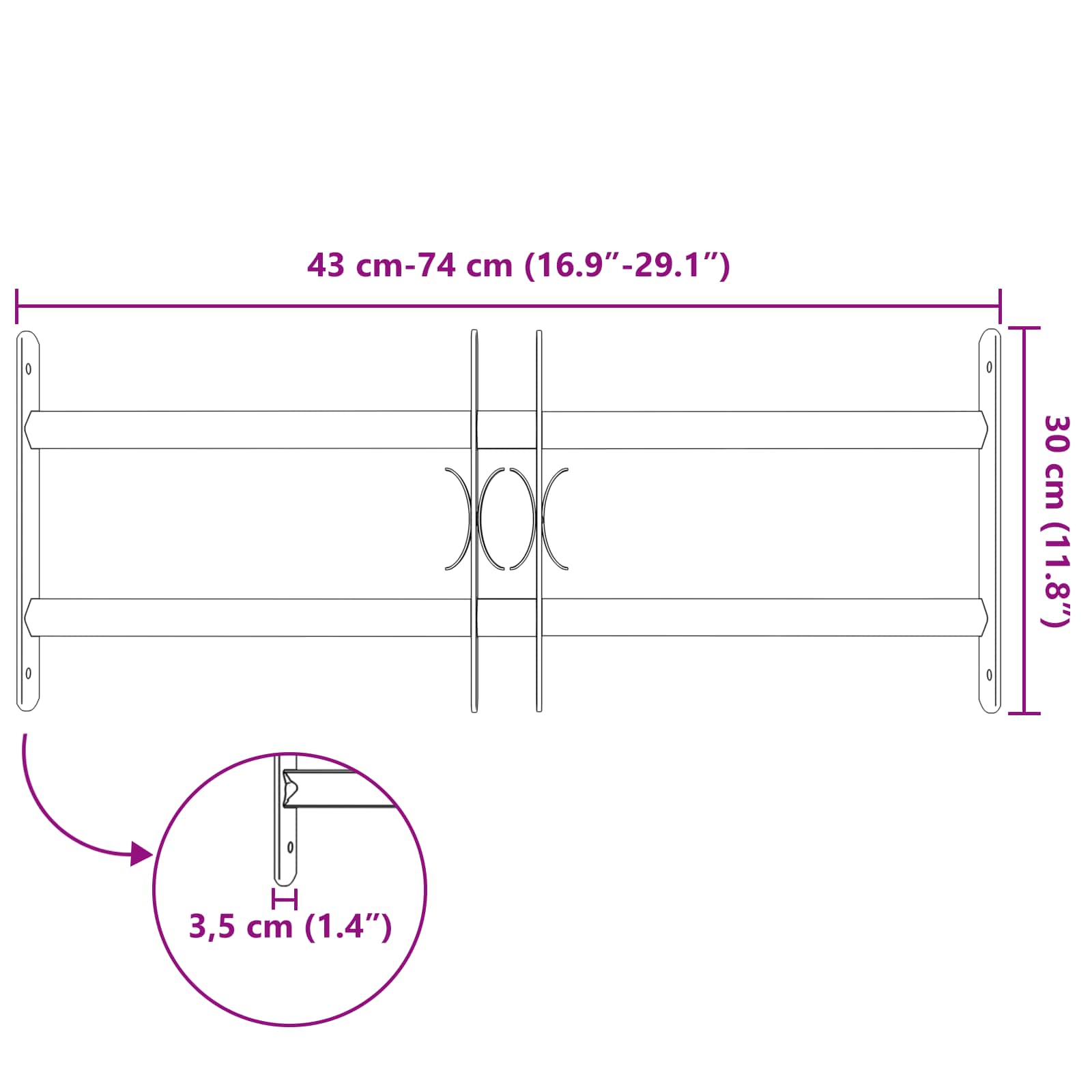 Rešetka za sigurnost prozora s 2 prekrižena nosača 43-74 cm
